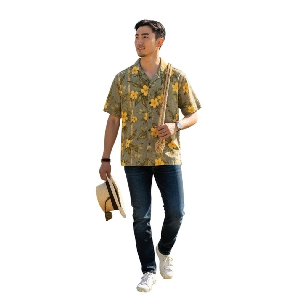 Jamaica Jaxx Silk Bamboo Hibiscus Hawaiian Shirt L Tan Yellow Floral Resort EUC